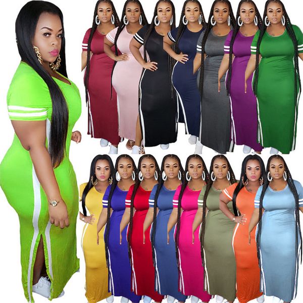 

plus size striped dresses summer solid color split short sleeve o neck dress slim women bodycon casual dresses
