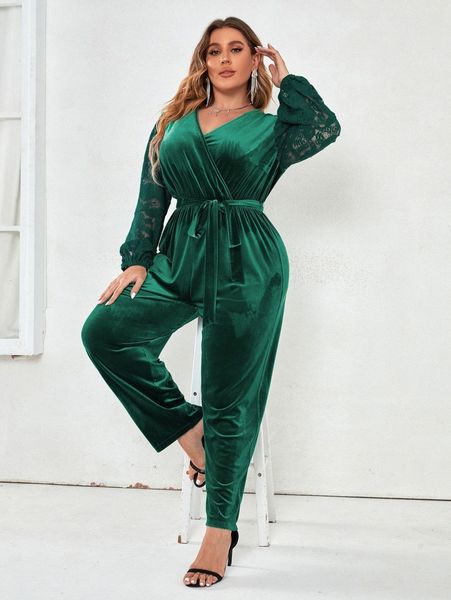 

plus solid velvet jumpsuit n2ec#, Black