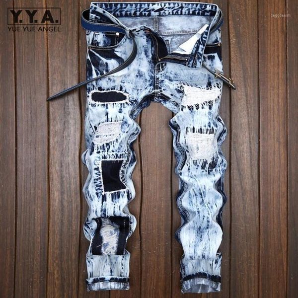 

men's jeans mens punk distressed hole trousers for man patchwork light blue male washed zipper homme denim pants1