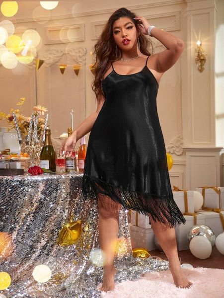 

plus fringe hem satin cami nightdress d89y#, Black;white