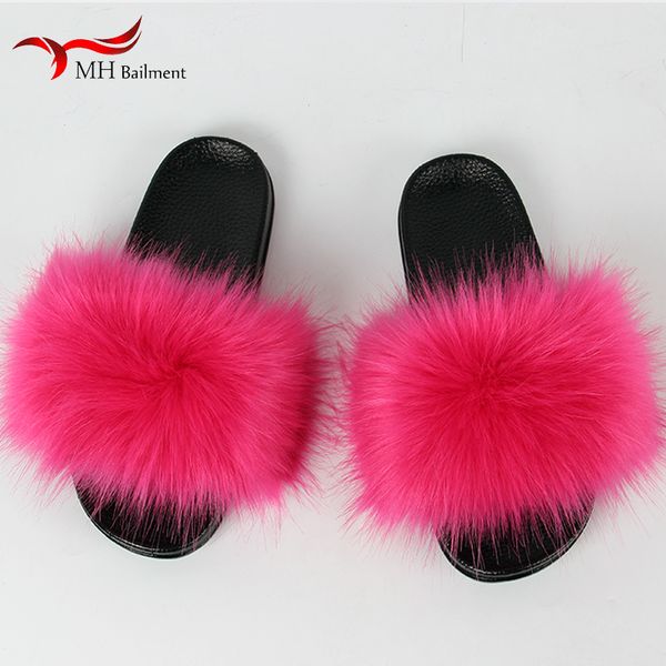 

summer faux fox fur slippers slides women indoor house home furry flat slippers outdoor beach shoes sandals female x1020, Black