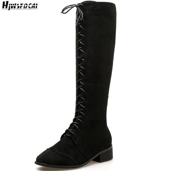 

boots hjwsfdcai pointed toe women cross-tied knee high chunky heel zipper comfortable female long punk style shoes, Black
