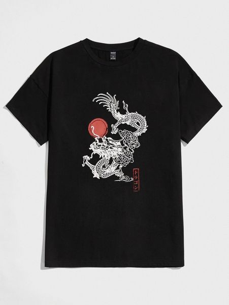 

men letter & chinese dragon print tee g7xe#, White;black