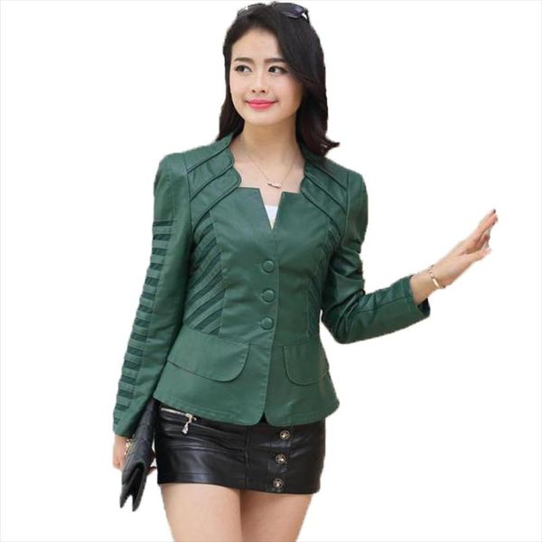 

new 2020 spring autumn leather jacket women slim turn down collar black faux fur coat plus size motorcycle biker green jacket