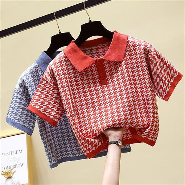 

houndstooth plaid knitted t shirts women button crop shirts korean tee harajuku summer tshirt short sleeve pullovers, White