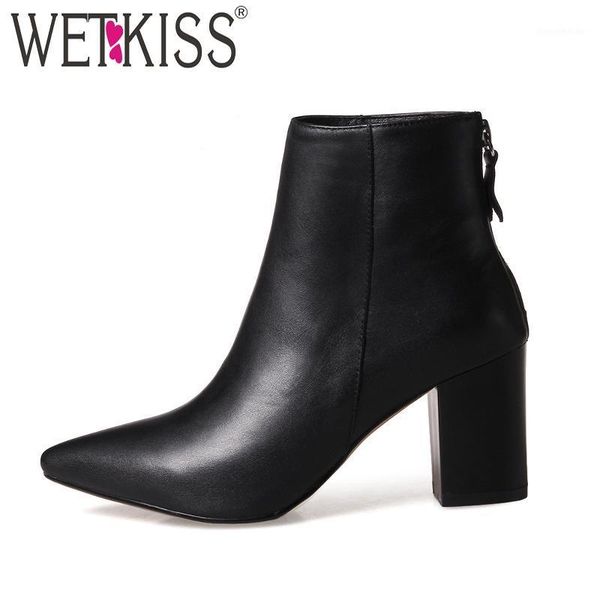 

boots wetkiss ankle autumn women pointed toe leather zipper 2021 fashion shoes ladies high heels short plush footwear1, Black