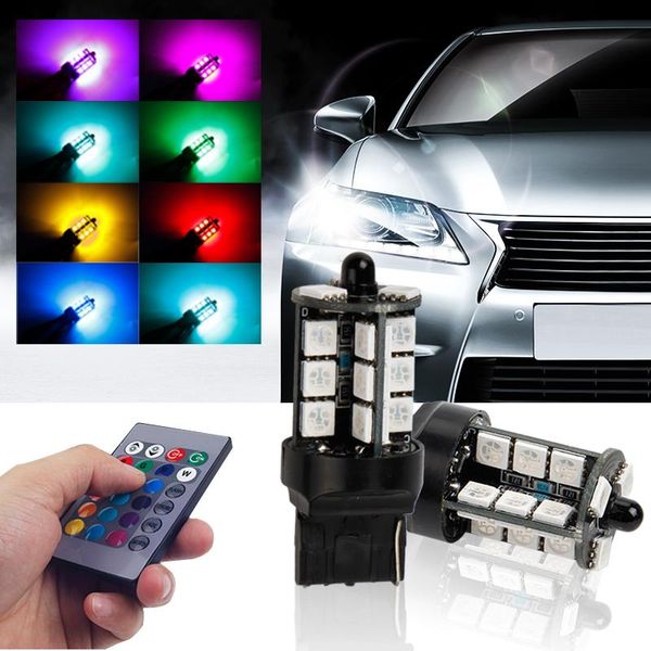 

okeen 2pcs rgb t20 7440 led bulb with remote control turn signal bulb 27smd car headlight brake light reverse lamps 12v led