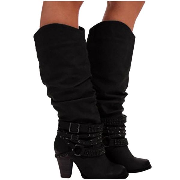 

boots knee-high women black long leather shoes for cowboy 2021 slip-on riding solid color square heel pointed toe shoe
