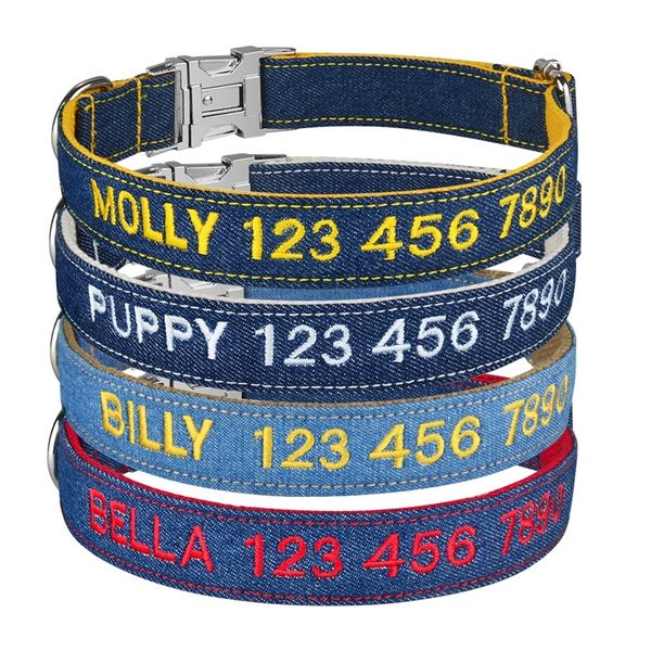 Collare per cani di base in tinta unita ricamato in tessuto jeans di nylon imbottito etichetta personalizzata personalizzata ID regolabile a sgancio rapido per tutta la stagione LJ201111