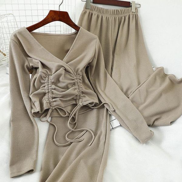 

2020 spring women plus size set korean casual drawstring short t-shirt & high-waisted wide-leg knitted suit 2 peice set q251, White