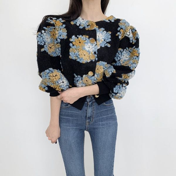 

designer short jacket for luxury women applies retro-style flowers lantern sleeves outerwear woolen coats xrk6, Black;brown