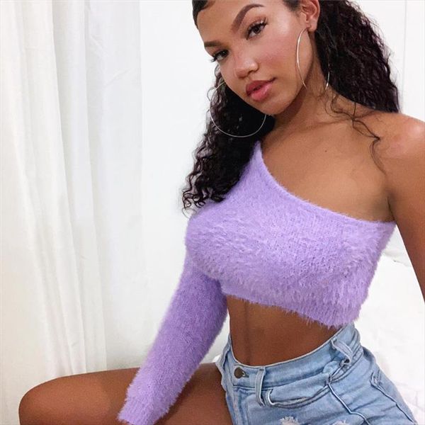 

women shoulder sweater elegant light purple short sweater women solid skinny slim pullover sweaters drop shipping, White;black