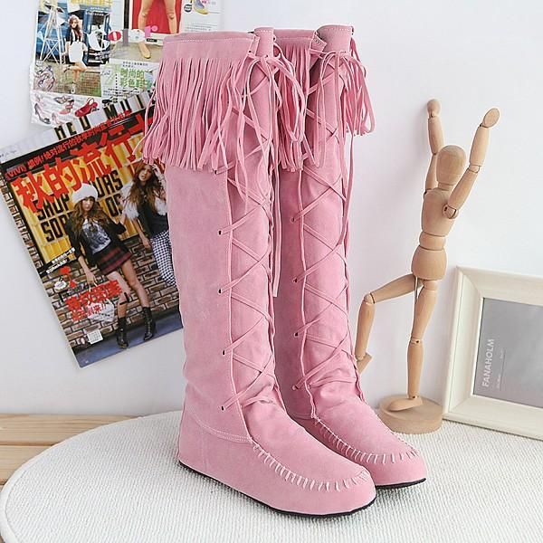 

boots goxpacer autumn winter women tassel motorcycle knee high cross tie shoes fashion flat heel all match flock 1, Black