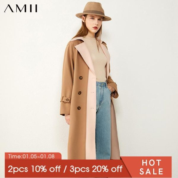 

amii minimalism british style fashion women's trench coat causal lapel spliced double breasted belt women's jacket 120405551, Tan;black
