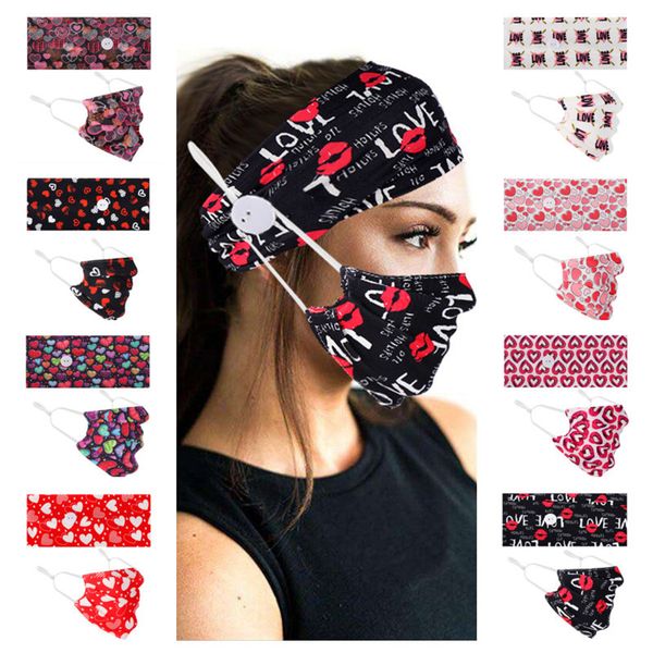 

valentine's day printed hooded with face mask two-piece suit fashion casual gym yoga button headwear and respirator sets in stock e1231