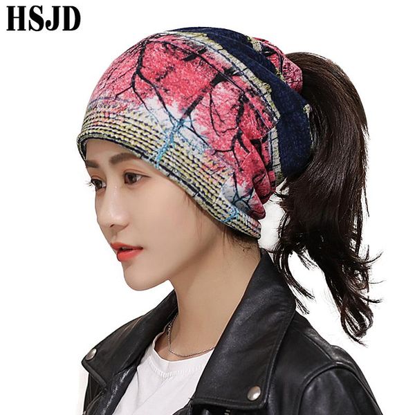 

beanie/skull caps female cotton hip hop hat multifunction print scarf dual-use punk style women's beanies hats warm bonnet dance cap, Blue;gray