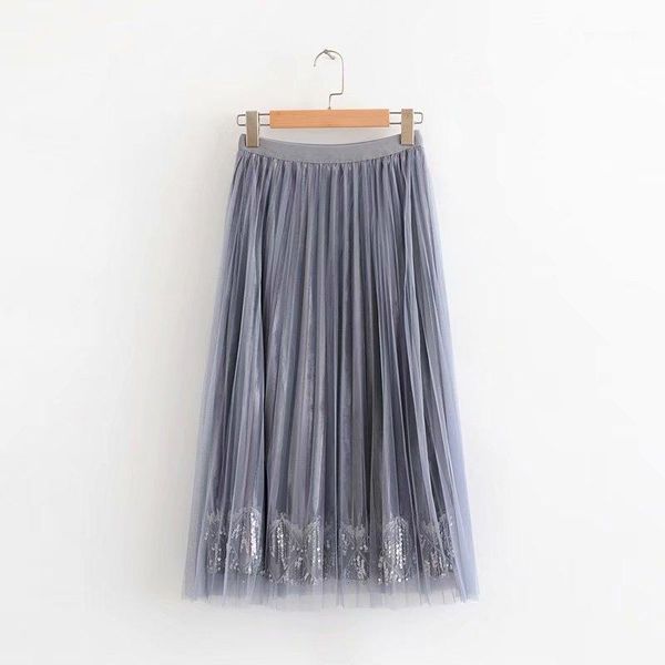 

skirts chic women pleated skirt autumn 2021 fashion mesh sequins elastic waist modern lady mid-calf skirts1, Black