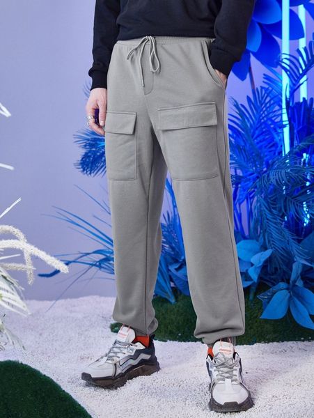 

men flap pocket drawstring waist joggers q4q8#, Black