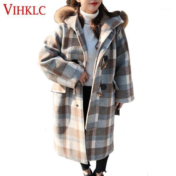 

wool coat women plaid horn buckle female long section 2020 new thickening hooded large fur collar loose woolen coat x3831, Black