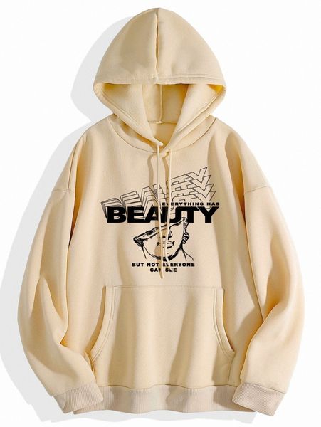 

slogan & figure graphic drawstring thermal lined hoodie o2hg#, White;black
