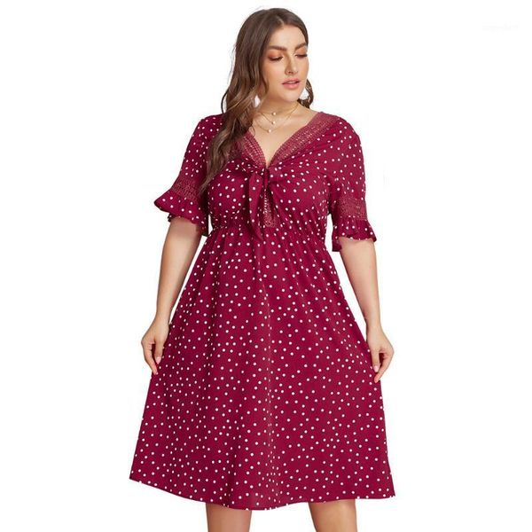 

plus size dress v-neck bow polka dot dress women plus size1, White;black