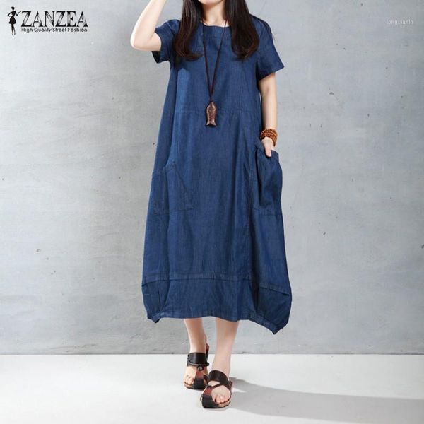 

fashion denmin blue midi dress womens summer sundress zanzea 2020 casual short sleeve tunic vestido female solid robe plus size1, Black;gray