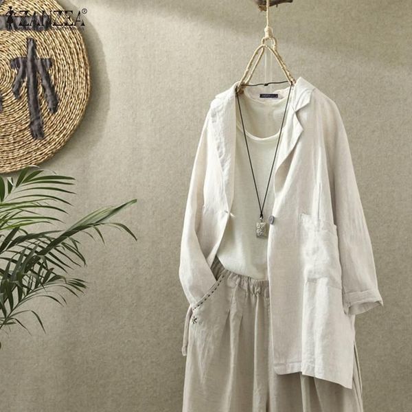 

women's suits & blazers 2021 plus size zanzea autumn blazer women casual solid long sleeve work cotton coat jackets female outwear card, White;black