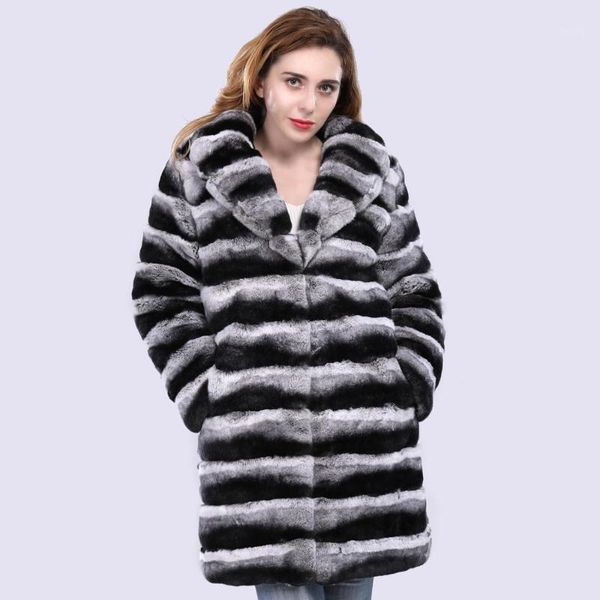 

luxury women real rex fur jacket long style striped fashion chinchilla overcoat thick warm winter big collar customized1, Black