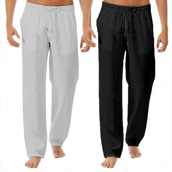 

classic summer men cotton linen casual trousers thin style solid color elastic waist straight loose pants comfortable plus size, Black