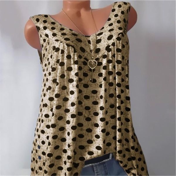 

casual sleeveless women summer 2020 tshirts tees polka dot print t-shirt v-neck loose vests plus size 5xl shirts, White