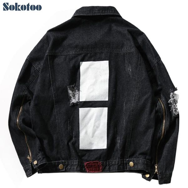 

sokotoo men's black loose holes ripped denim jean jacket plus size zipper sleeve coat printed outerwear, Black;brown