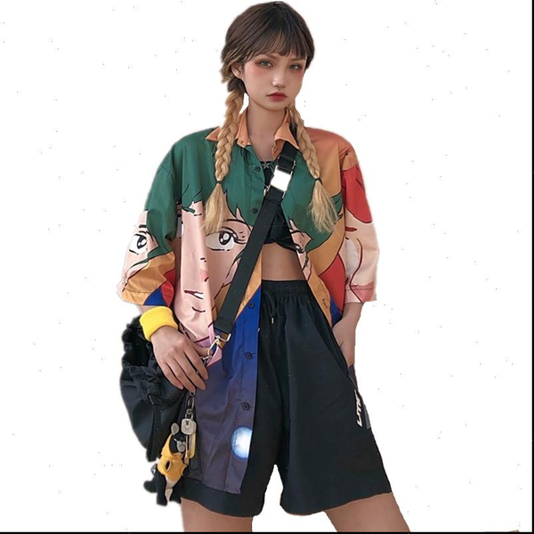 

harajuku women blouses street fashion clothing cute kawaii shirts cartoon anime character print oversize loose blusas 2xl, White
