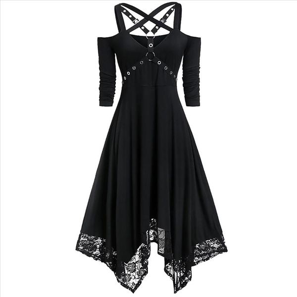 

gothic dress women black goth dress off shoulder lace patchwork punk rock cross strap plus size vintage midi, Black;gray