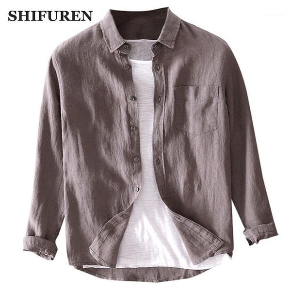 

shifuren 2020 new men's summer long sleeve pure linen shirts soft breathable retro hawaiian social shirt camisa masculina1, White;black
