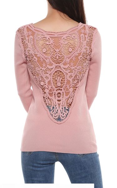 

women lace patchwork sweater hollow out back v-neck sweater spring ladies long sleeve solid slim pullover autumn pull femme, White;black