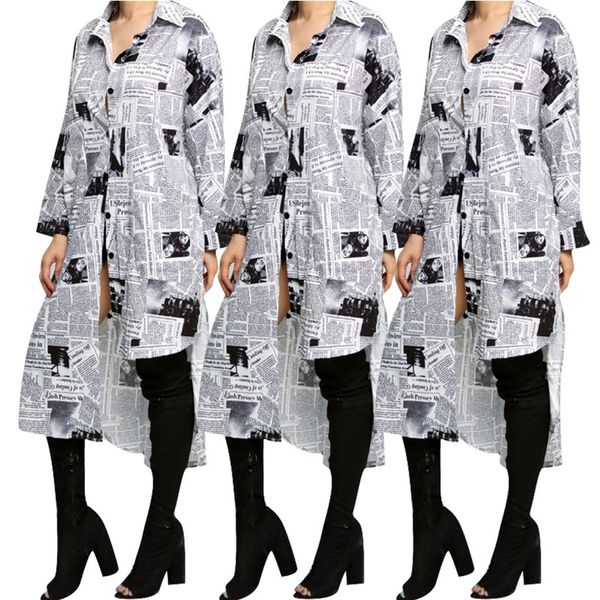 

newspaper printed designer womens shirt dress fashion long sleevelapel neck single breasted asymmetrical casual dress autumn female clothing, Black;gray