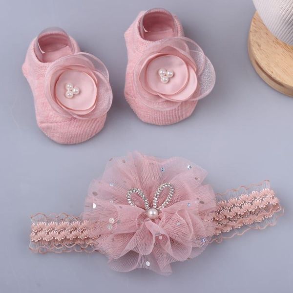 

hair accessories lovely pearl bows born baby girl headband socks set lace flower band turban, Slivery;white