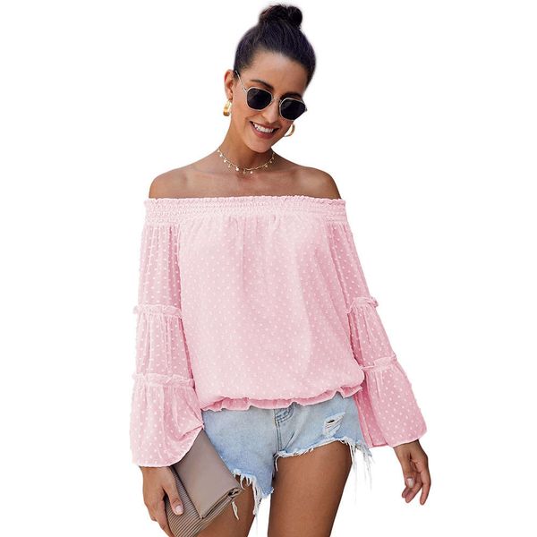 

new shirt women's dot dign off shoulder one neck trumpet long sleeve loose 252239, White