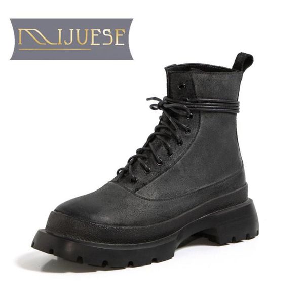 

mljuese 2021 women ankle boots cow leather winter short plush round toe lace-up med heels female riding boots size 39, Black
