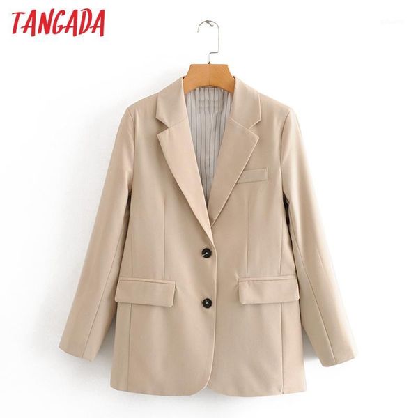

tangada women solid beige blazer female long sleeve elegant jacket female work wear blazer formal suits da831, White;black