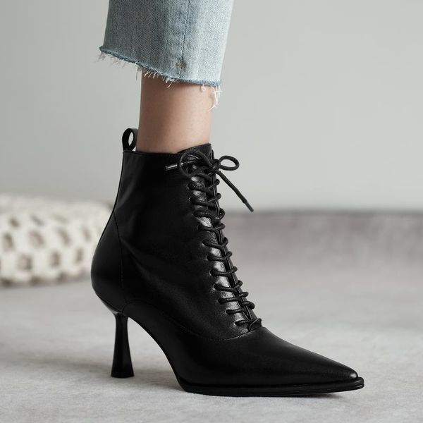 

elegant genuine leather ladies ankle boots pointed toe high heels boots lace up wedding party shoes woman, Black