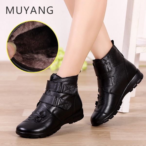 

swonco plush fur winter shoes women ankle boots leather winter cotton padded shoes casual female snow boots women hook loop 201031, Black