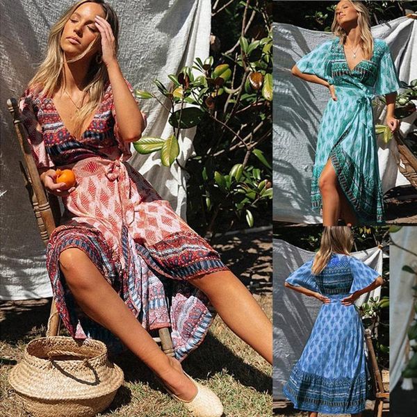 

cover-ups women's bohemian beach maxi dress fashion floral printed wrap v neck boho split party ropa mujer1