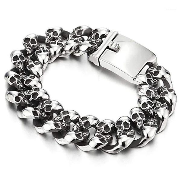 

punk rock mens skull bracelets &bangles hiphop stainless steel 15mm/19mm heavy ghost biker curb cuban chain bracelet men jewelry1, Black