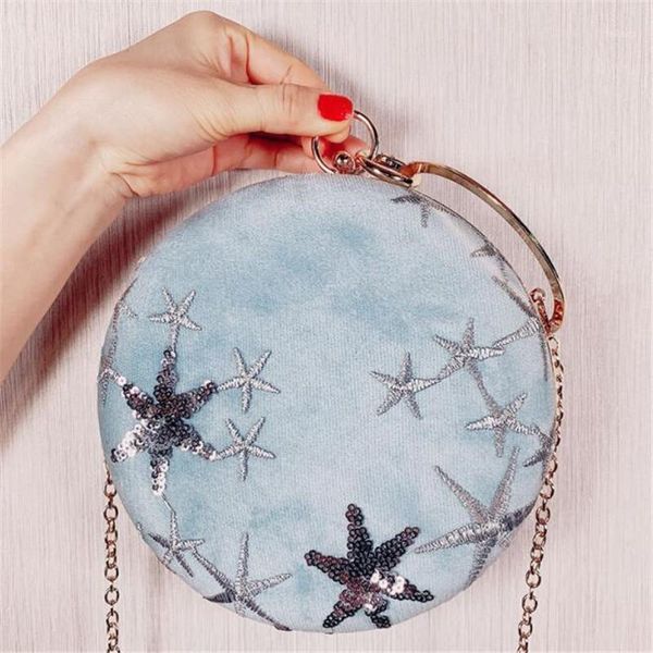 

2020 women embroidery stars evening bags bling sequins round shaped clutch wallets wedding dinner bags with chain1