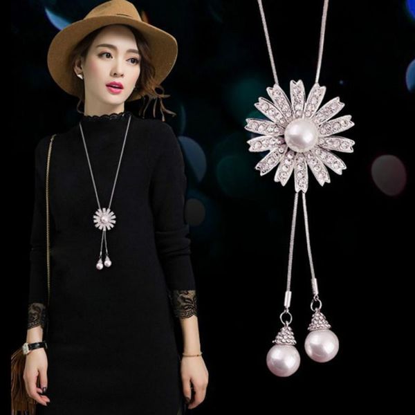 

pendant necklaces zircon rose flower long tassel necklace sweater chain choker fashion metal crystal adjusted jewelry, Silver