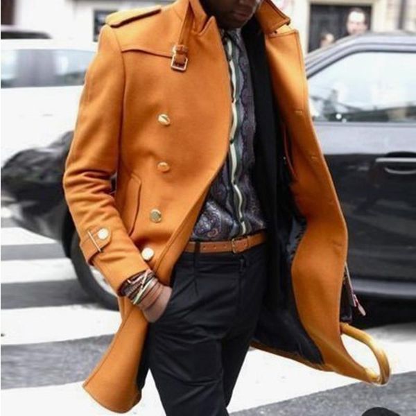 

зима мужчина ветровка плюс размер красавцы long outwear solid color slim-fit отворот формального пальто double breastedin фото, Black