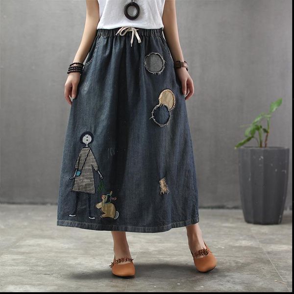 

plus size cartoon embroidery denim skirts women vintage art ripped oversized female elastic high waist long maxi jeans skirt, Black