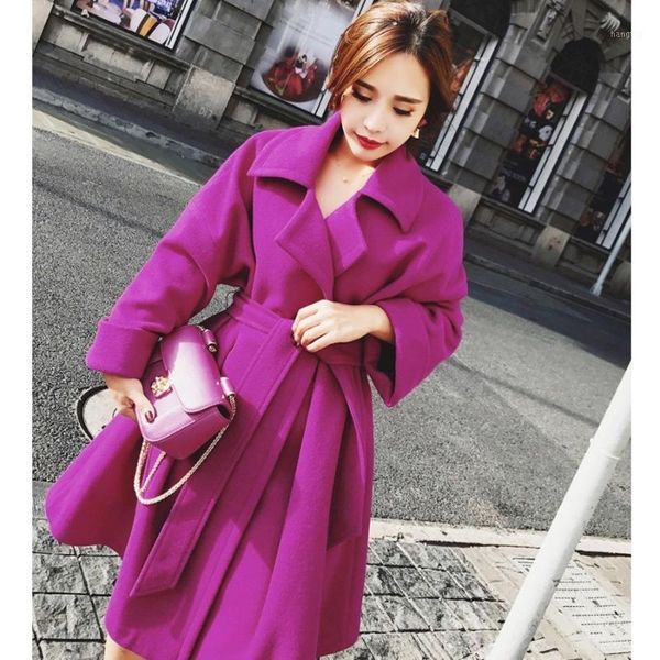 

european fashionable outerwear 2020 new a-line style winter wool women coat warm with belt woolen jacket womens cashmere coats1, Black