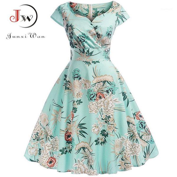 

v-neck big swing vintage christmas dress women summer 50s elegant party dresses casual short sleeve floral plus size dress1, Black;gray